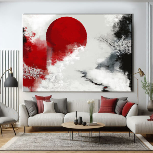 salotto con quadro moderno dipinto a mano astratto rosso e grigio