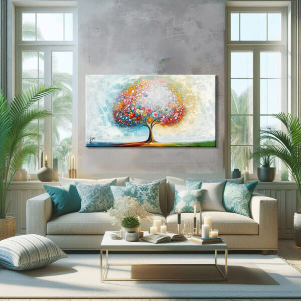 Salotto Grigio E Azzurro Con Quadro Di Un Albero Fiorito